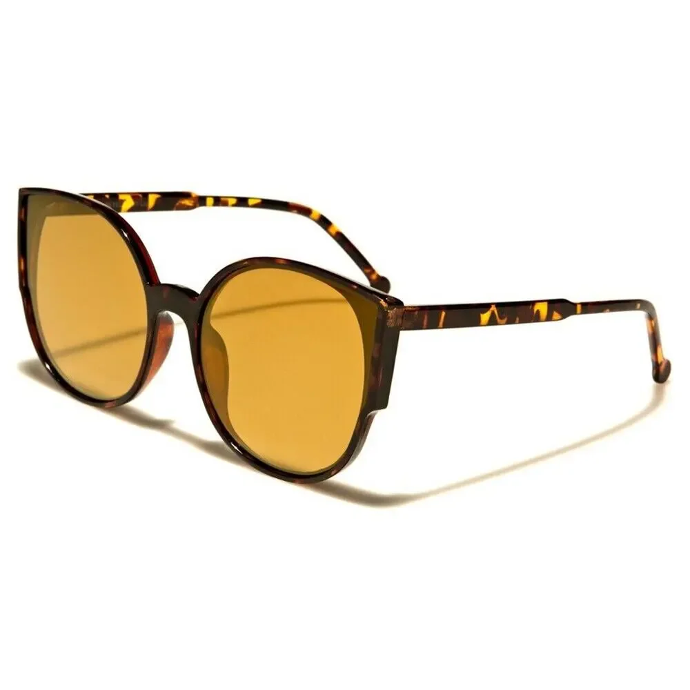 Classic Retro Look Chic Womens Mirrored Lens Round Tortoise Cat Eye Sunglasses
